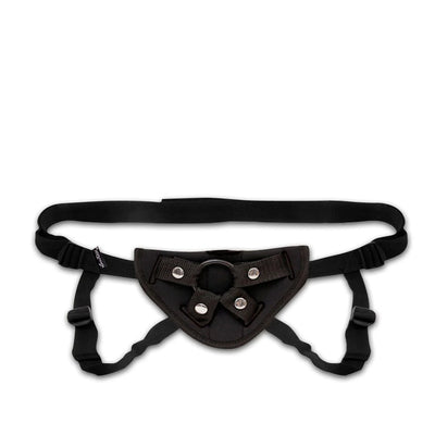 Black neoprene strap on harness with adjustable straps and metal ring for secure fit and compatibility.