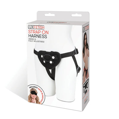 Lux Fetish neoprene strap on harness displayed on mannequin, featuring adjustable black straps and included satin blindfold.