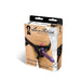 Packaging of Lux Fetish Neoprene Strap On Harness showing adjustable black harness with purple dildo and bullet vibe pocket.