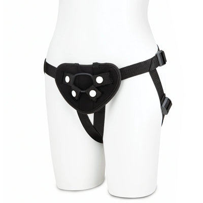 Black neoprene adjustable strap on harness displayed on a white mannequin torso.