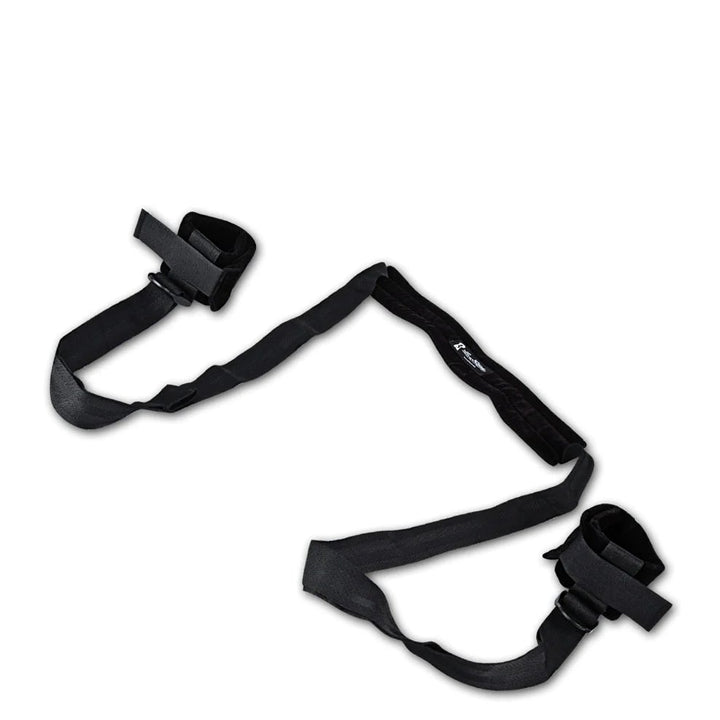 Black Lux Fetish Position Pal sex sling with padded headrest and adjustable ankle straps on white background.