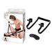 Lux Fetish Position Pal black adjustable sex sling with ankle straps and included satin blindfold displayed next to product box.