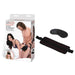 Black satin blindfold and adjustable doggie style support strap with packaging showing couple using the product.
