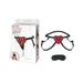 Red heart-shaped adjustable strap on harness with black straps and included black satin blindfold.