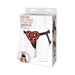 Lux Fetish red heart-shaped adjustable strap on harness displayed on white mannequin with packaging box.