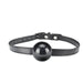 Black silicone ball gag with adjustable black strap and silver buckle hardware on white background.