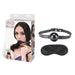 Lux Fetish black silicone ball gag with adjustable strap and included satin blindfold displayed with packaging.