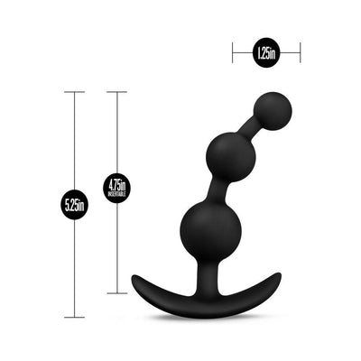 Black silicone anal plug with three graduated beads and curved base, measuring 5.25 inches long and 1.25 inches wide.