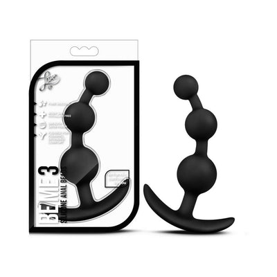 Black Be Me 3 silicone anal beads with flexible, ergonomic design and curved handle shown with packaging.