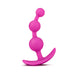 Pink silicone anal beads with three graduated spheres and a curved base for comfort and control.