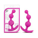 Pink silicone Be Me 3 anal beads with flexible handle shown in and out of packaging.