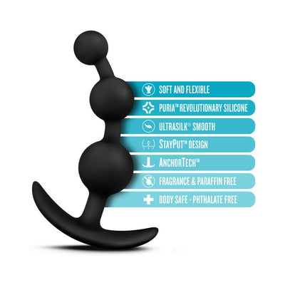 Black Be Me 3 anal plug with three graduated spheres and ergonomic base, highlighting soft, flexible, body-safe silicone features.