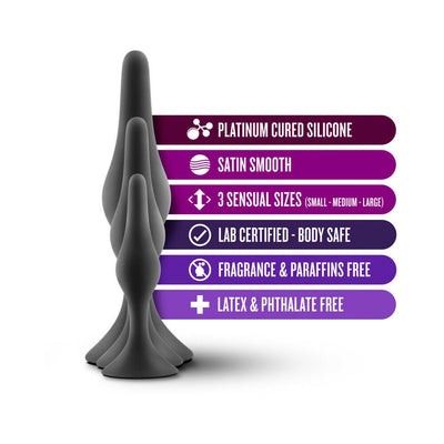 Set of three graduated black silicone plugs with features listed including body safe, latex free, and satin smooth finish.