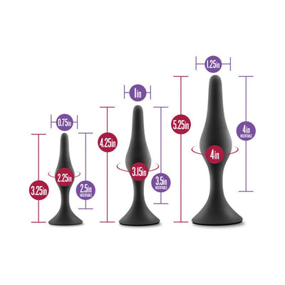 Three black silicone beginner plugs in small, medium, and large sizes with dimensions and insertable lengths shown.