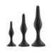 Three black silicone tapered beginner plugs in small, medium, and large sizes with flared bases.