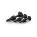 Three black silicone beginner butt plugs in graduated sizes with tapered tips and flared bases on white background