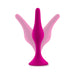 Pink silicone medium-sized beginner plug with tapered tip and flared base shown with motion effect on white background.