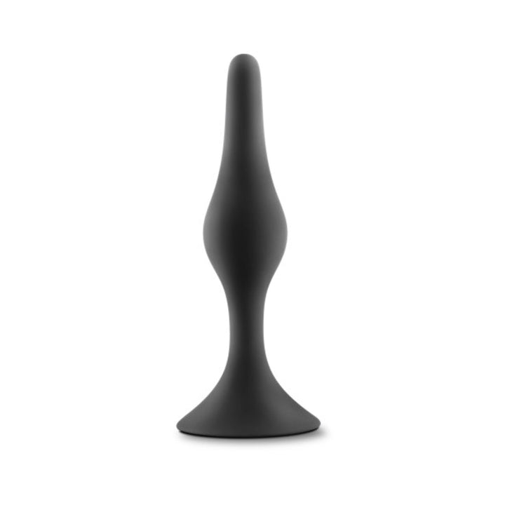 Black silicone beginner butt plug with tapered tip and flared base, designed for comfortable and safe anal play.