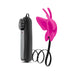 Pink butterfly-shaped clitoral vibrator with black wired remote control and adjustable dial on white background.