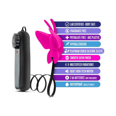 Pink butterfly-shaped clitoral vibrator with black wired remote and key product features listed alongside.