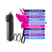 Pink butterfly-shaped clitoral vibrator with black wired remote and key product features listed alongside.