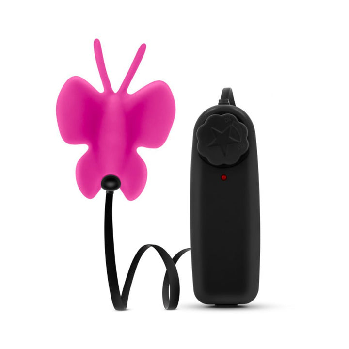 Pink butterfly-shaped clitoral vibrator with black wired remote control featuring a dial for adjustable speeds.