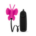 Pink butterfly-shaped clitoral vibrator with black wired remote control featuring a dial for adjustable speeds.