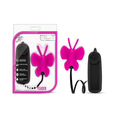 Pink butterfly-shaped clitoral vibrator with black remote control and flat cable, shown in and out of packaging.