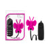 Pink butterfly-shaped clitoral vibrator with black remote control and flat cable, shown in and out of packaging.