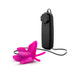 Pink butterfly-shaped clitoral vibrator with black wired remote control on white background.
