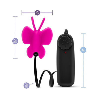 Pink butterfly-shaped clitoral vibrator with black wired remote control and size dimensions shown.