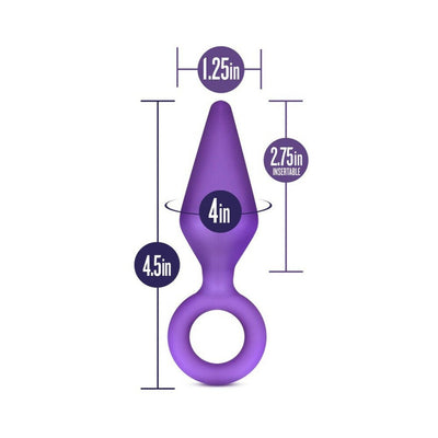 Purple silicone anal plug with ring base, 4.5 inches long, 1.25 inches wide, and 2.75 inches insertable length.