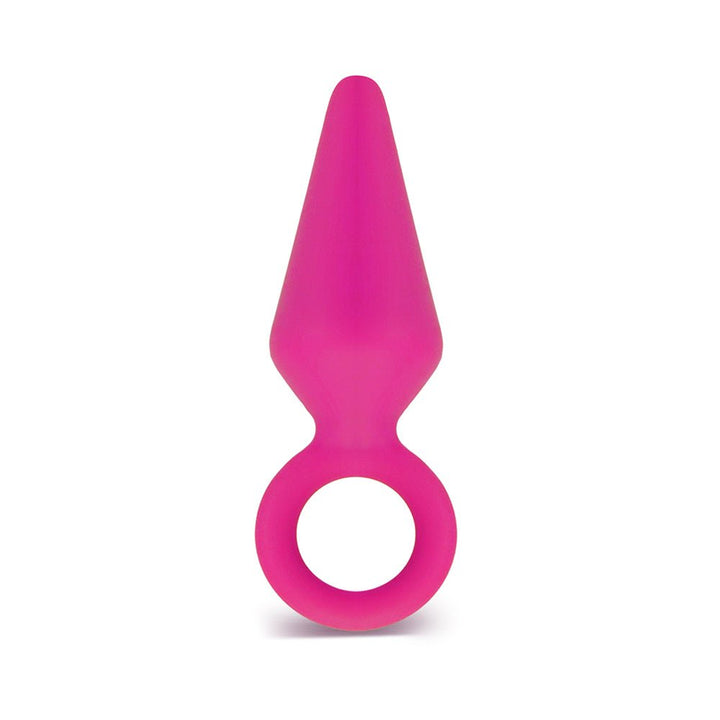 Medium-sized pink silicone anal plug with tapered tip and ring base for easy handling.