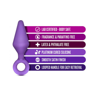 Purple silicone anal plug with looped handle and safety features listed including body safe, fragrance free, and smooth satin finish.
