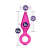 Purple silicone medium-sized anal plug with ring base and measurement details on a white background.