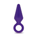 Purple medium-sized silicone anal plug with tapered tip and ring base, smooth satin finish for comfortable use.