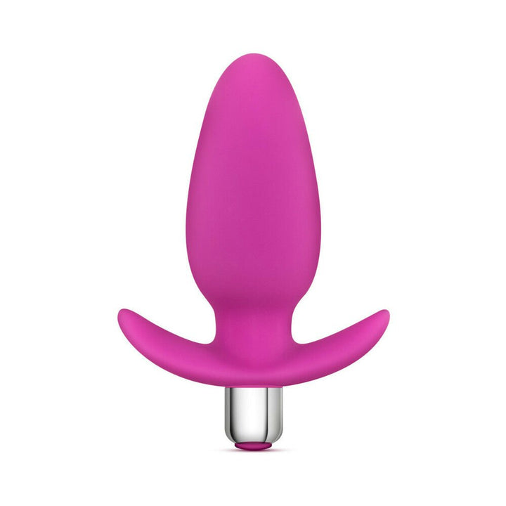 Pink silicone anal plug with flexible flared base and removable silver bullet vibrator on white background.