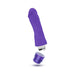 Purple silicone G-spot vibrator with curved shaft and removable battery compartment cap.
