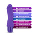 Purple silicone vibrator with curved tip and multi-speed vibration features highlighted alongside product benefits.