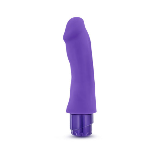Purple silicone G-spot vibrator with curved shaft and textured head, featuring a twist dial base for vibration control.