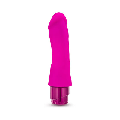 Bright pink silicone vibrator with curved shaft and pronounced head, featuring a twist dial base for multi-speed control.