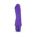 Purple silicone G-spot vibrator with curved shaft and textured head, featuring a twist dial base control.