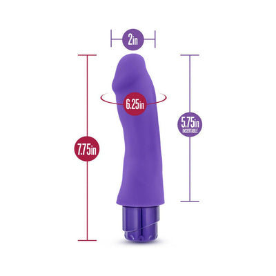 Purple silicone vibrator with curved tip, showing dimensions of 7.75 inches length, 5.75 inches insertable, 2 inches width, and 6.25 inches circumference.