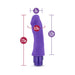 Purple silicone vibrator with curved tip, showing dimensions of 7.75 inches length, 5.75 inches insertable, 2 inches width, and 6.25 inches circumference.