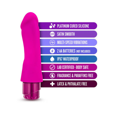 Pink silicone vibrator with curved head and base, highlighting features like waterproof, multi-speed vibrations, and body-safe materials.