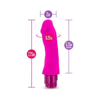 Pink silicone vibrator with curved head, showing measurements of 7.75 inches length and 2 inches width.