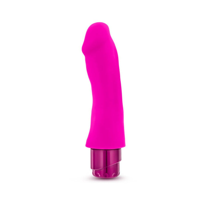 Bright pink realistic silicone dildo vibrator with curved shaft and twist dial base on white background.
