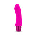 Bright pink realistic silicone dildo vibrator with curved shaft and twist dial base on white background.