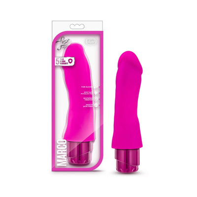 Bright pink realistic silicone vibrator with curved head and twist dial base, shown with packaging.