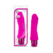 Bright pink realistic silicone vibrator with curved head and twist dial base, shown with packaging.